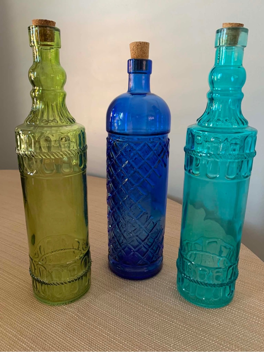 3 Colorful Decorative Glass Bottles with Corks Blue Green Aqua Vintage Style